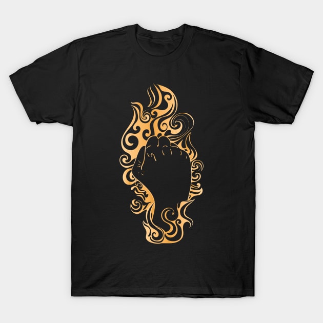 Raised fist in golden fire T-Shirt by AnnArtshock